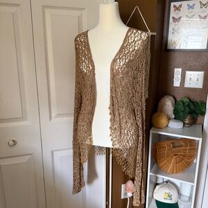 NY Collection Gold Crochet Fringe Beaded Open Cardigan / Size 2x